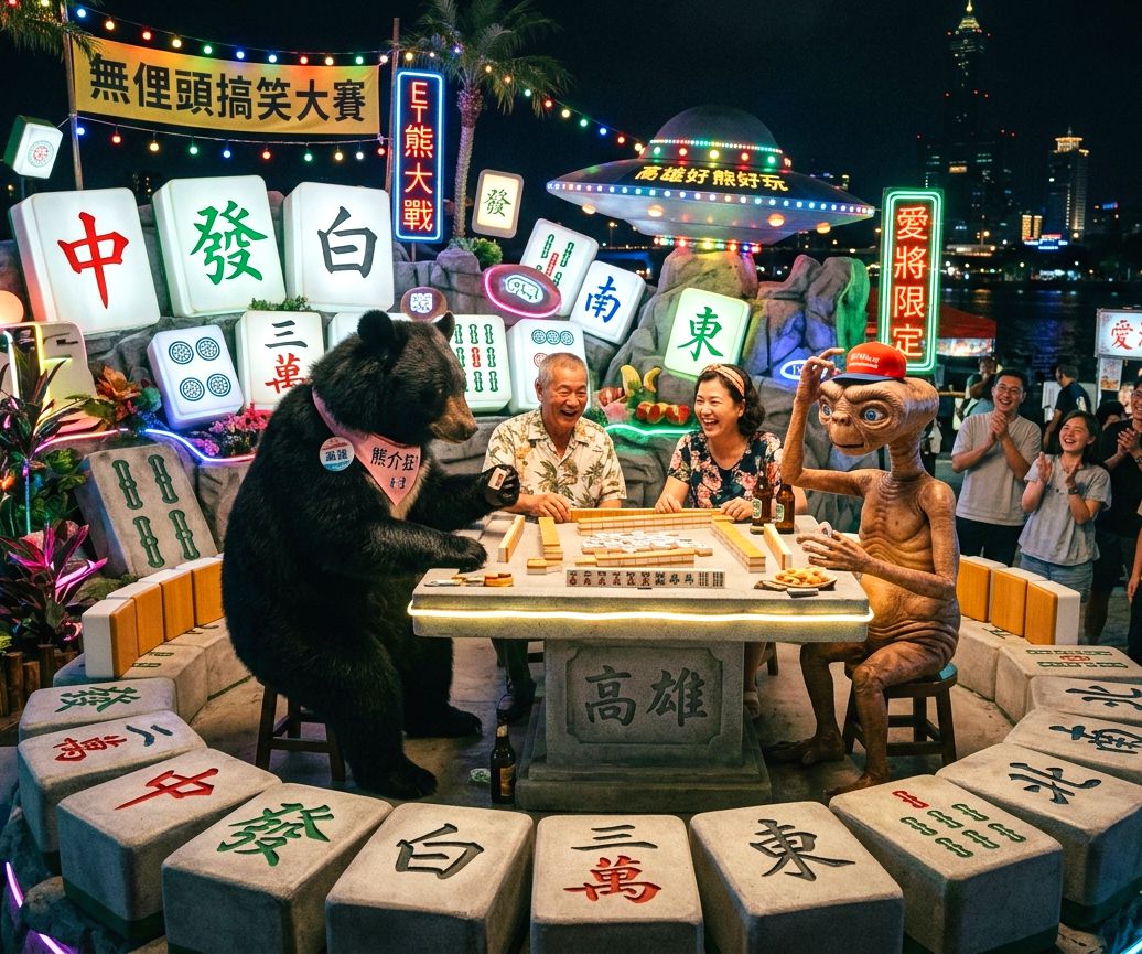 台灣熊愛打麻將,台灣黑熊打麻將,高雄愛河有台灣黑熊出沒,台灣黑熊在高雄85大樓前打麻將,星際ET與黑熊麻將交流,外星人也想碰碰胡,幽浮路過看熱鬧,黑熊與外星人在高雄愛河揪團打牌,銀河系最猛動物麻將會,高雄港灣夜景觀光團,外星人ET自摸大三元,銀河系麻將冠軍賽
